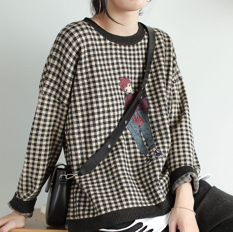 Buykud Plaid And Cartoon Character Casual Knitted Shirt