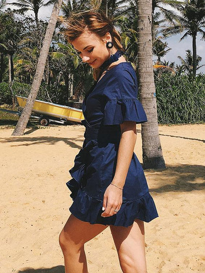 Solid Color V-neck Falbala Mini Dress