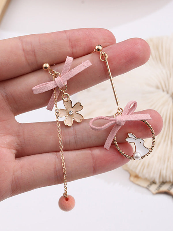 Cute Flower Rabbit Shape Bow-Embellished Asymmetric Earrings