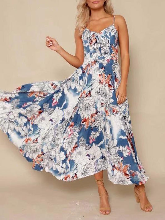Floral Spaghetti Neck Backless Maxi Dresses