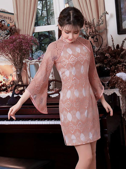 Lace Pink Flared Sleeves Short Cheongsam