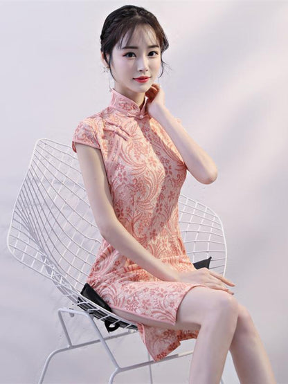 Pink Lace Stand-collar Split-side Short Cheongsam