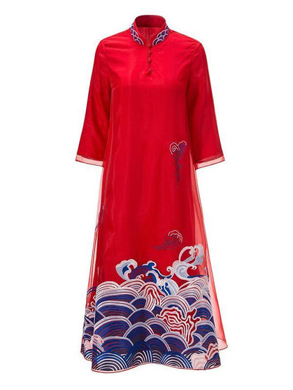 Long Original Dress in Red Color with Sea Print