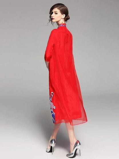 Long Original Dress in Red Color with Sea Print