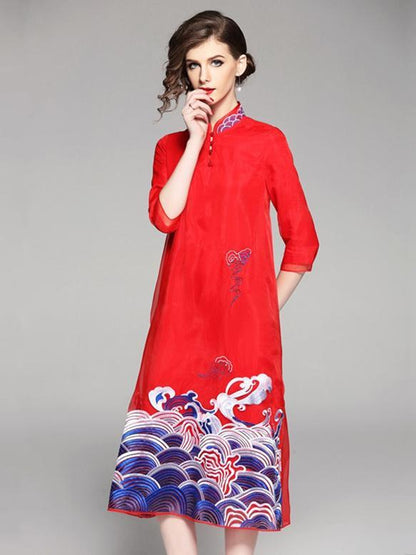 Long Original Dress in Red Color with Sea Print