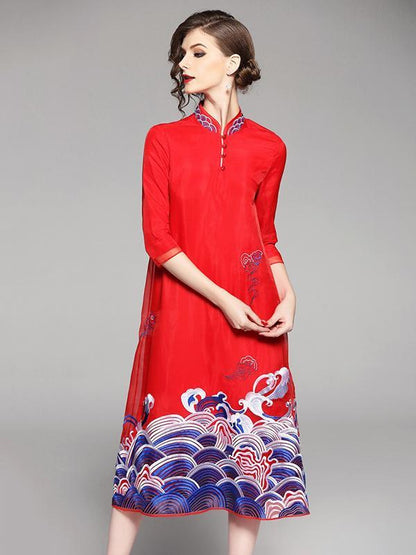 Long Original Dress in Red Color with Sea Print