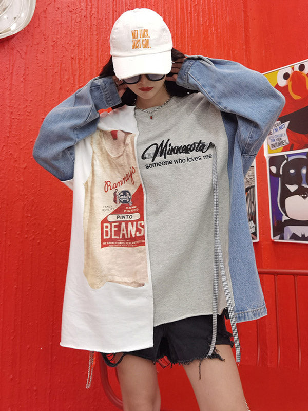 Stylish Contrast Color Letter Printed Round-Neck Batwing Sleeve Sweatshirts