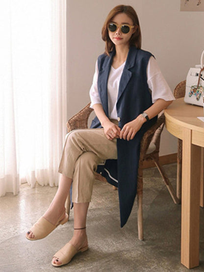 Simple Solid Color Split-Joint With Pocket Linen Notched Collar Vest Outwear