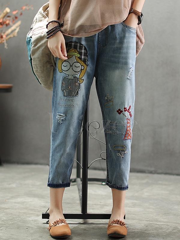 Casual Jean Embroidered Pants