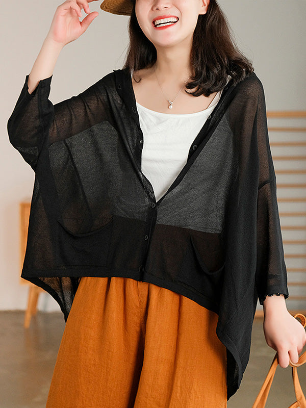 Casual Batwing Sleeve Hooded High-Low V-Neck Buttoned Cardigans
