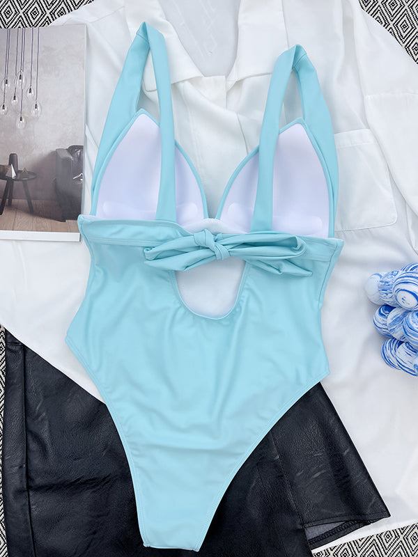 Solid Color V-Neck Backless One-Piece Swimsuit