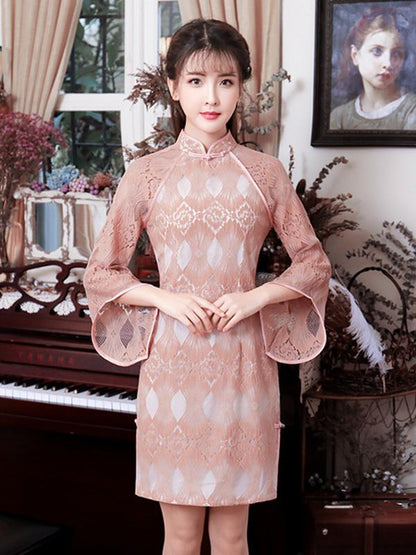 Lace Pink Flared Sleeves Short Cheongsam