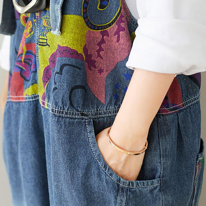 Buykud Printed Frayed Casual Loose Denim Jumpsuit