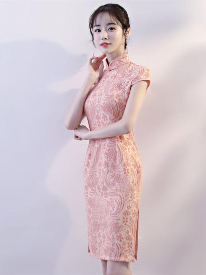 Pink Lace Stand-collar Split-side Short Cheongsam