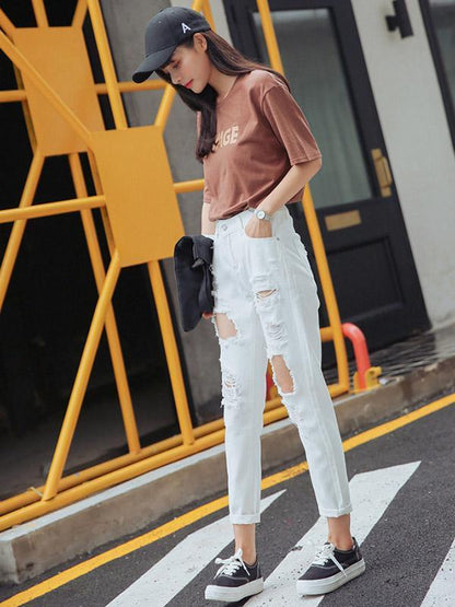 Ripped Loose High Waist Jeans Pants Bottoms