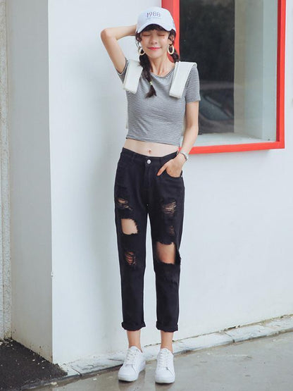 Ripped Loose High Waist Jeans Pants Bottoms