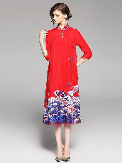 Long Original Dress in Red Color with Sea Print