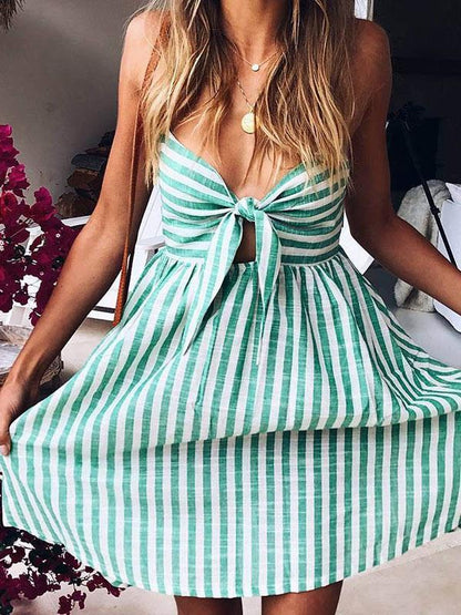 Striped Spaghetti-neck Bowknot Mini Dress