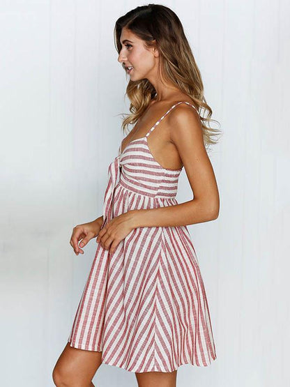 Striped Spaghetti-neck Bowknot Mini Dress