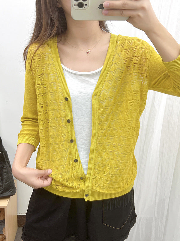 Loose Solid Color Linen Hollow Knitting Cardigan Top