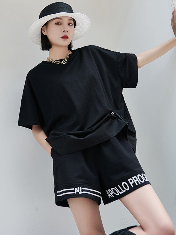 Stylish Black Asymmetric Drawstring Pleated Round-Neck Short Sleeves T-Shirts