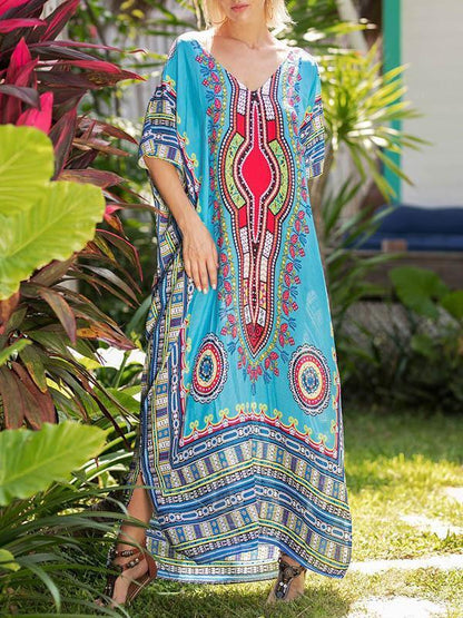 Elegant V-neckline Short Sleeves Maxi Print Bohemia Dress