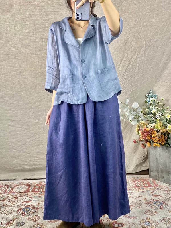 Artistic Retro Ramie Cotton Solid Color Split-Joint With Pocket Buttoned Notched Collar Long Sleeves Blazer Outwear