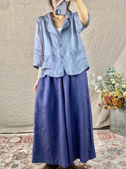 Artistic Retro Ramie Cotton Solid Color Split-Joint With Pocket Buttoned Notched Collar Long Sleeves Blazer Outwear