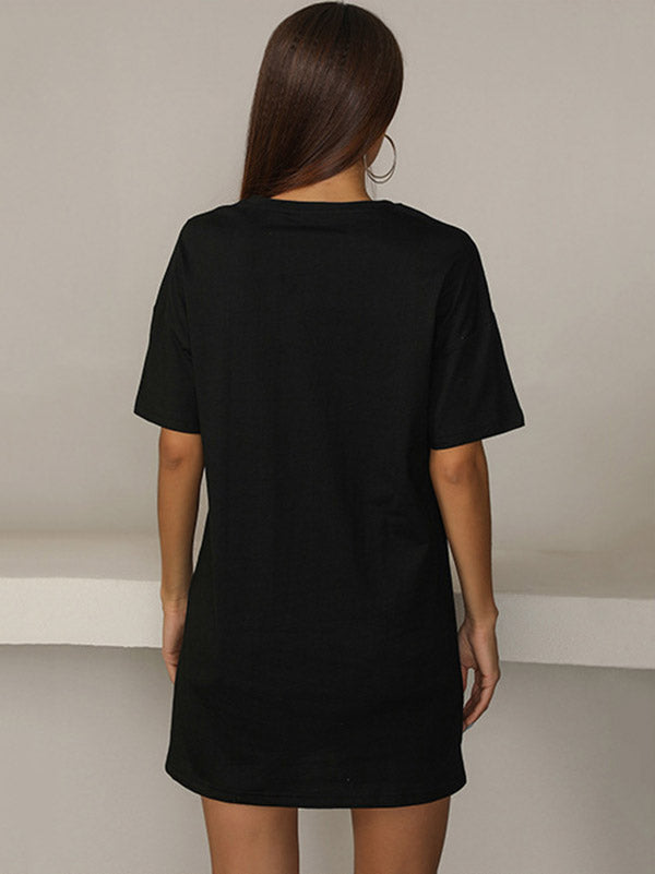 Casual Black Printed Round-Neck Short Sleeves T-Shirts