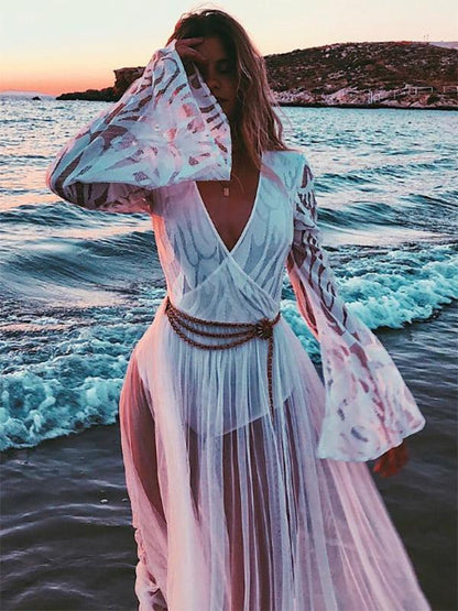 Flared Sleeves See-through Maxi Dress