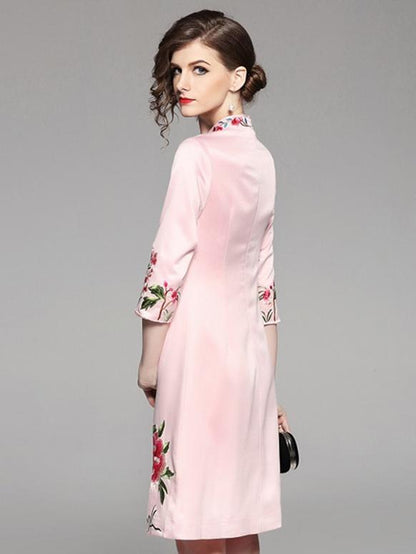 Traditional Chinese Short Dress in Pink Color with Flower and Bird Print