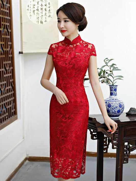 Red Lace See-through Split-side Short Cheongsam
