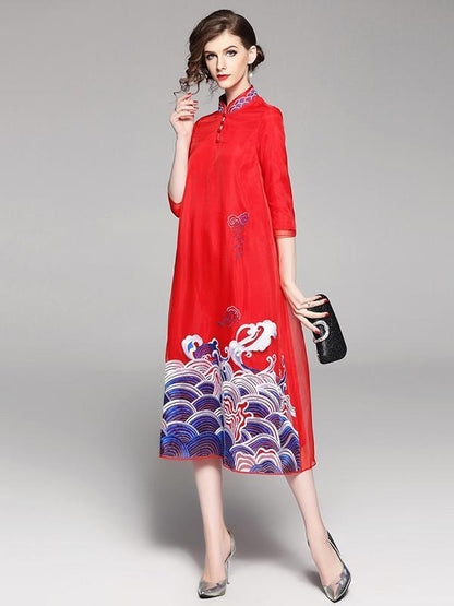 Long Original Dress in Red Color with Sea Print