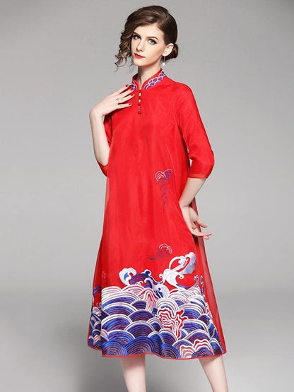 Long Original Dress in Red Color with Sea Print