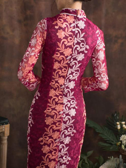 Lace Half Sleeves Cheongsam Midi Dress