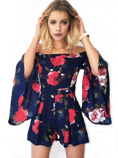 Flared Sleeves Printed Off-the-shoulder Romper