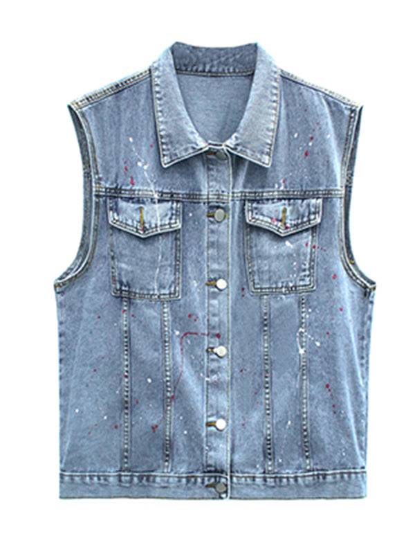 Original Denim Split-Joint With Pocket Splash Ink Buttoned Lapel Collar Sleeveless Vest Outwear