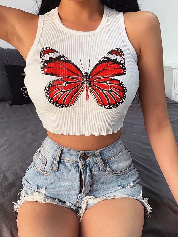 Fashion Butterfly Printed Wrap Sleeveless Vest Top