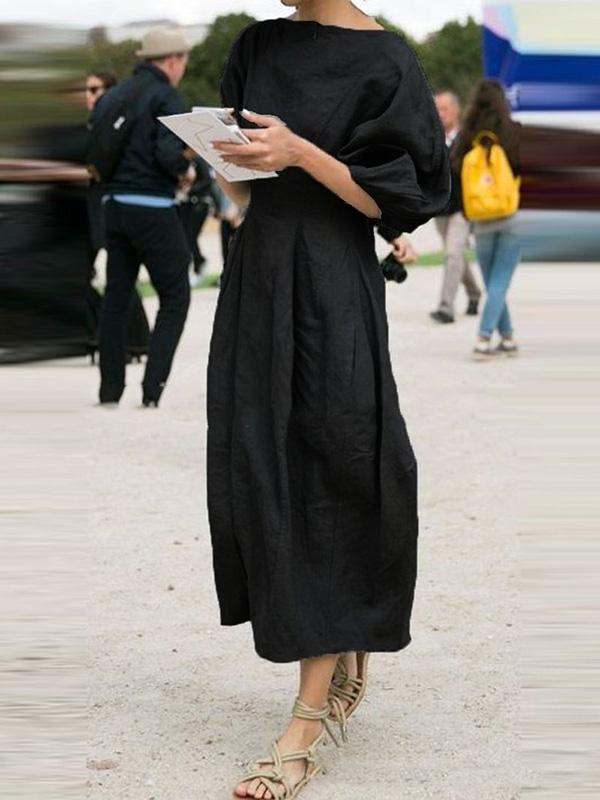 Ramie Cotton Lantern Sleeve Maxi Dress