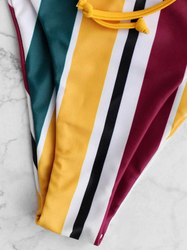 Striped Bandage Backless Split Bikini Swimsuit