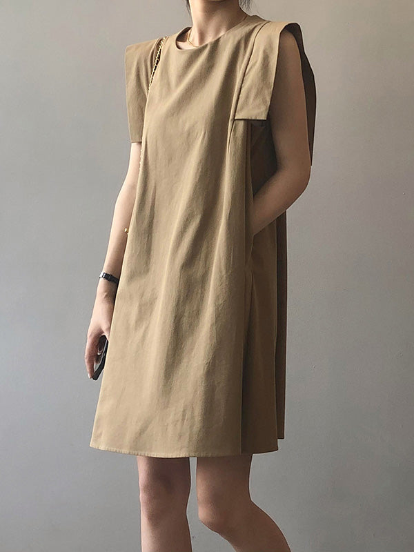 Casual Split-Joint Solid Color Round-Neck Sleeveless Mini Dress
