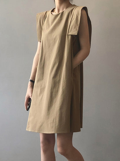 Casual Split-Joint Solid Color Round-Neck Sleeveless Mini Dress