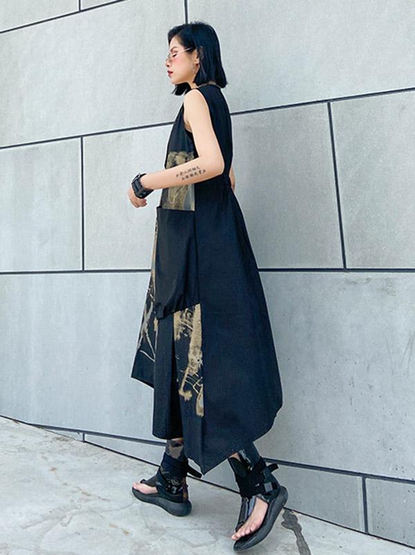 Original Prited V-Neck Sleeveless Dress