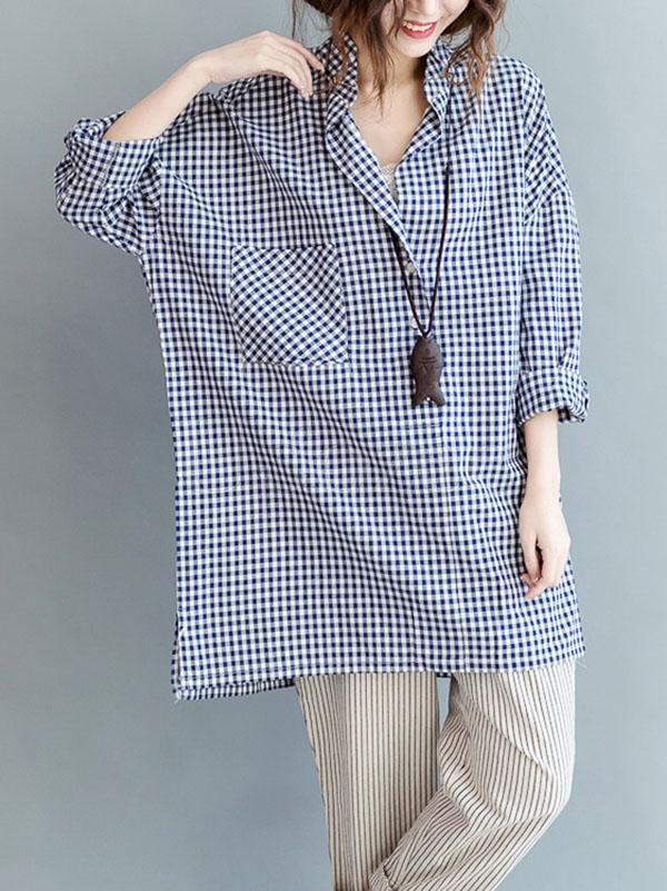 Casual Plaid Lapel Beaded Shirt