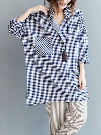 Casual Plaid Lapel Beaded Shirt