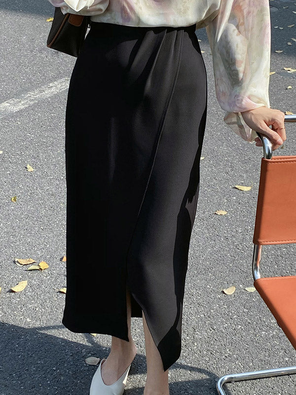 Stylish Solid Color Asymmetric Split-Front Elastics A-Line Skirts