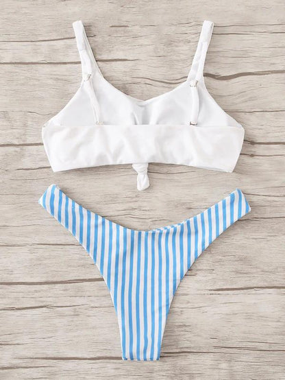 White Top With Striped Panty Bikini Set