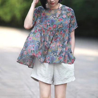 Floral Round Neck Short Sleeve Blouse