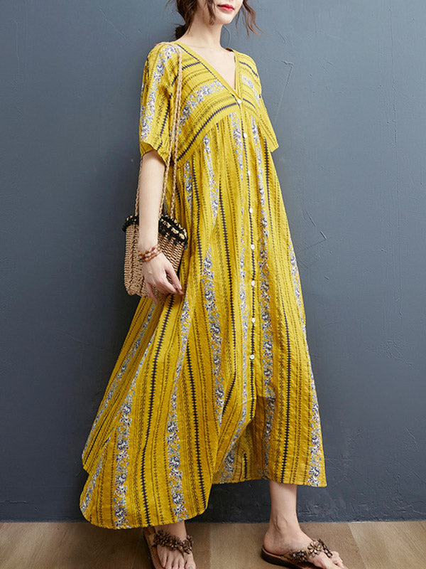 Floral Printed Casual V-Neck Buttoned Midi Dress