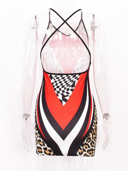 Printed Backless Cross Mini Dress
